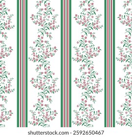 Vintage floral Design Old vintage small floral vertical Striped , Cute hand drawn green with red ditsy seamless liberty floral pattern, lovely floral white background, great for textiles,