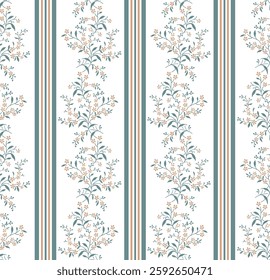 Vintage floral Design Old vintage small floral vertical Striped , Cute hand drawn green with light yellow ditsy seamless liberty floral pattern, lovely floral white background, great for textiles,