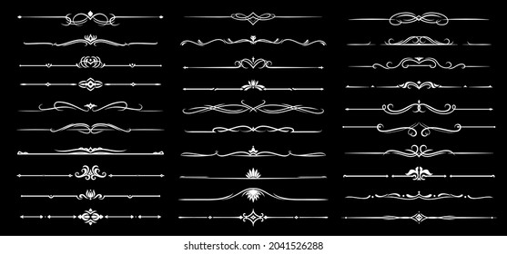Separadores florales de época y adornos bordeados. Invitación a la boda, elementos decorativos de diseño de tarjetas de vacaciones, separadores de vectores retro con líneas rectas, giros y curvas, patrones florales
