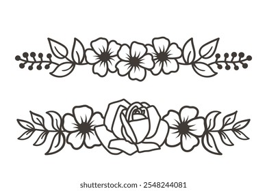 Antiguas Floral Dividers para proyectos de bricolaje, elemento de diseño de borde elegante. Ilustración vectorial en blanco y negro.