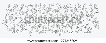Vintage floral elements line art set. Whimsical, elegant branches, flowers and leaves sketches for wedding invitation decor, frames, wreaths, greeting card, books, save the date. Victorian plants set.