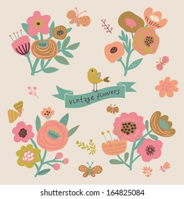 Vintage floral elements in vector. Cute retro set with birds and butterflies. Stylish flowers for modern designs