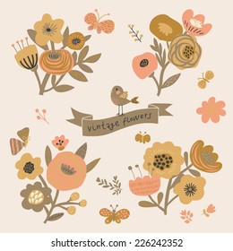 Vintage floral elements in vector. Cute retro set with birds and butterflies. Stylish flowers for modern designs