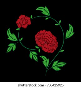 Vintage floral embroidery pattern vector. Red peony flower stitch ornament print isolated on black background. Textile patch design for bedlinen, tablecloth or napkins, pillow case, fashion clothing.