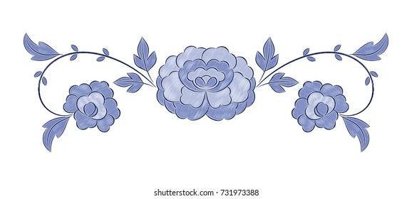 Vintage floral embroidery pattern vector. Winter blue peony flower ornament stitch print isolated. Ethnic textile patch design for bedlinen, tablecloth or napkins, pillow case, fashion clothing.