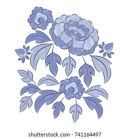 Vintage floral embroidery pattern vector. Blue retro peony flower ornament stitch print isolated. Bohemian textile patch design for bedlinen, tablecloth or napkins, pillow case, fashion clothing.
