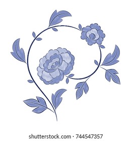 Vintage floral embroidery pattern vector. Blue Japanese peony flower ornament stitch print isolated. Ethnic textile patch design for bedlinen, tablecloth or napkins, pillow case, fashion clothing.