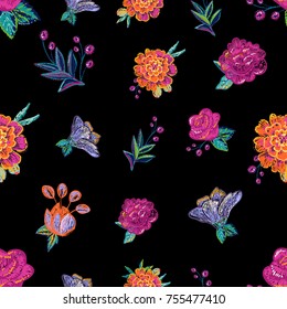 Vintage floral embroidery seamless pattern with marigold, rose, peony flowers and branches. Bright traditional illustration on black background for fabric design in watercolor style.