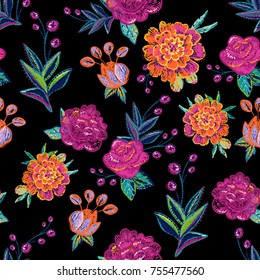 Vintage floral embroidery seamless pattern with marigold, rose, peony flowers and branches. Bright traditional illustration on black background for fabric design in watercolor style.