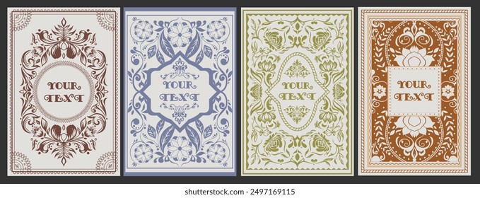 Conjunto de marco de grabado floral de Antiguas. Carteles decorativos ornamentados retro con elegantes adornos florales. Elemento de diseño para portada de folleto o libro. colección de Ilustración vectorial aislada sobre fondo