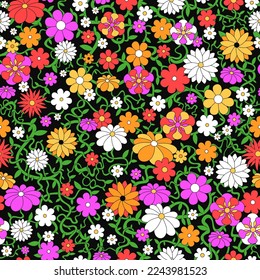 Vintage floral flower seamless pattern.Vector cartoon illustration art.Chamomile flower,hippie seamless pattern concept