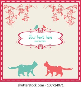 Vintage floral frame with cats.