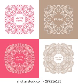 Vintage floral frame collection. Vector monogram illustrations set. Line style design. Decorative ornament with abstract flowers.