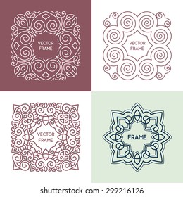 Vintage floral frame collection. Vector monogram illustrations set. Line style design. Decorative ornament with abstract flowers.