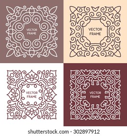 Vintage floral frame collection. Vector monogram illustrations set. Line style design. Decorative ornament with abstract flowers.