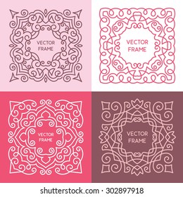 Vintage floral frame collection. Vector monogram illustrations set. Line style design. Decorative ornament with abstract flowers.