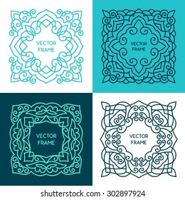 Vintage floral frame collection. Vector monogram illustrations set. Line style design. Decorative ornament with abstract flowers.