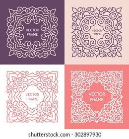 Vintage floral frame collection. Vector monogram illustrations set. Line style design. Decorative ornament with abstract flowers.