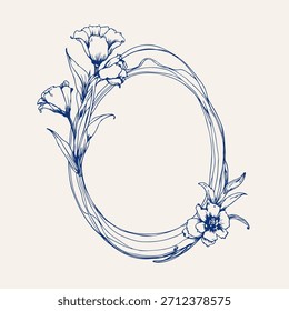 Marco floral de Antiguas en estilo elegante del arte de la línea. Marco minimalista con flores dibujadas a mano Dibujo de línea de boceto. Borde de contorno para Festiva, Navidad, diseño de moda. Ilustración vectorial
