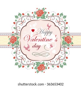 Vintage floral frame with flowers for Valentines day, vector illustration