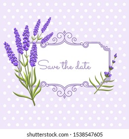 Vintage floral frame with lavender in provence style on dots background.