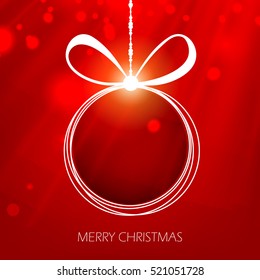 Vintage Floral Frame Line Art based Merry Christmas Greeting card in Ribbon shape design with Elegant red festive background 