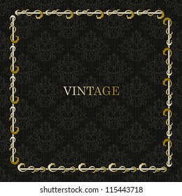 Vintage floral frame on elegant damask black wallpaper. Designed Card.