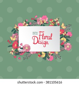 Vintage Floral Frame on Green Polka Dot background.