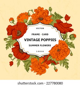 Vintage floral frame with orange, red poppies on a beige background. Vector illustration.