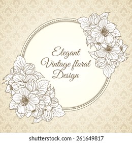 Vintage floral frame and patterned background. Spring flowers wedding invitation design, greeting card, elegant lace ornate vector template