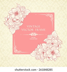 Vintage floral frame and patterned background. Pink pastel sakura flowers wedding invitation, card, congratulations, elegant lace ornate vector template