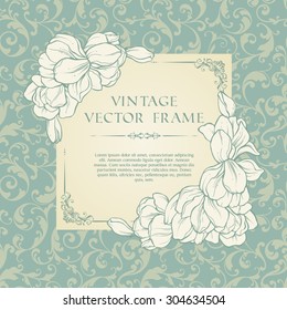 Vintage floral  frame and patterned background. Elegant flowers wedding invitation design, greeting card, lace ornate vector template