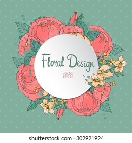 Vintage floral frame. Pink Peonies Border On Green Polka Dot Background And White Round Label With Place For text. Good For Web, Invitations, Greeting and Save the Date Cards.