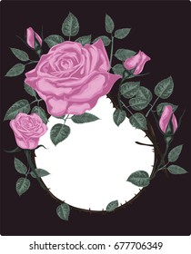 Vintage floral frame with  pink roses on black - Vector  art  