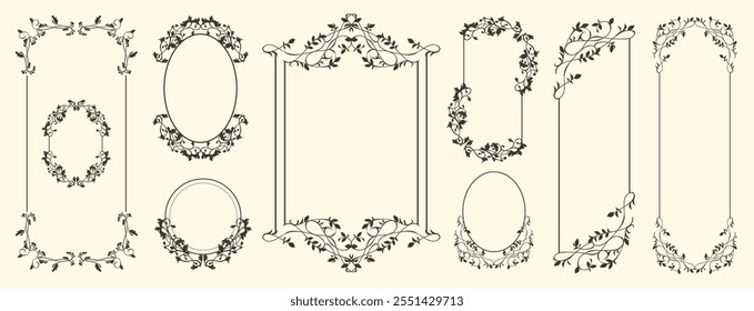 Conjunto de marco floral de Antiguas. ornamentos florales elegantes decorativos. Elemento de diseño para folleto. colección de Ilustración vectorial aislada sobre fondo.