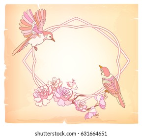 Vintage floral frame. Two birds and spring flowers of cherry or apple tree greeting card frame. Hand drawn illustration on old paper for invitation and save the date.