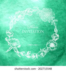 vintage floral frame at watercolor background, hand drawn vector illustration