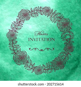 vintage floral frame at watercolor background, hand drawn vector illustration