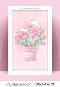 Vintage Floral frame in watercolor style for décor bedroom, card, mug, calendar, greeting card, fabric design, Cloth cover, blanket, book, paper, pattern, pillow, prints and all kinds of artwork.