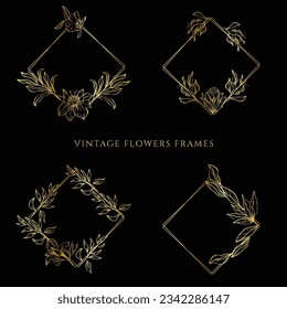 Vintage Floral Frame Wedding Golden Frame. Flower Frame Background. Vintage Floral Elements.