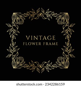Vintage Floral Frame Wedding Golden Frame. Flower Frame Background. Vintage Floral Elements.