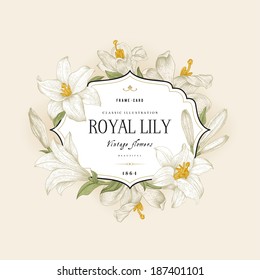 Vintage floral frame with white royal lilies on a cream background. Vector illustration.