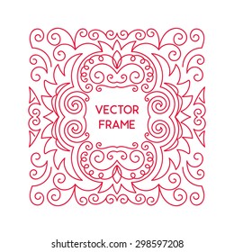 Vintage floral frame for your text. Vector monogram illustration. Line style design. Decorative ornament with abstract flowers.