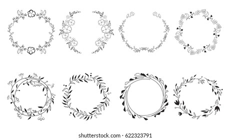 Vintage floral frames. Elements for decoration on white background. Round frames.