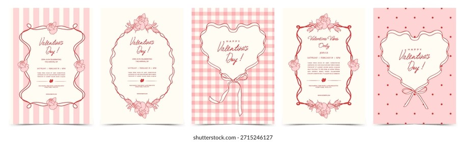 Vintage Blumenrahmen, Rosenrahmen und Band-Herzrahmen. Romantische Kokettevorlage für Valentinstag oder Hochzeit, Einladung, Grußkarte, Poster, Branding, Label