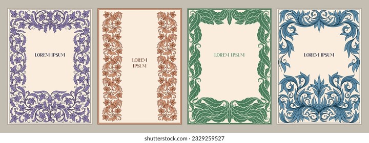 Vintage floral frames set. Foliate borders with eaves and plants ornament. Herbal posters for design of wedding invitations and menus, brochures and book covers. Cartoon flat vector illustration