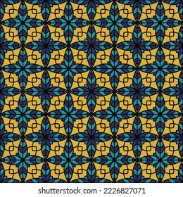 Vintage floral geometry seamless vector tile pattern. Retro geometric patchwork sample ornament. Abstract flower repeating tiling design. Old clothing symmetry repetitive pattern.