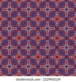 Vintage floral geometry seamless vector tile pattern. Symmetrical geometric patchwork sample ornament. Abstract flower repeating tiling wallpaper. Tribal style interior repetitive pattern.