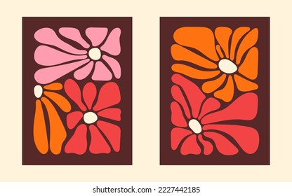 Vintage floral gift card template set. Retro flower power background. Hippie 1970s floral poster. 1960s nostalgic groovy vector illustration.