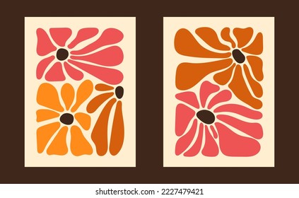 Vintage floral gift card template set. Retro flower power background. Hippie 1970s floral poster. 1960s nostalgic groovy vector illustration.
